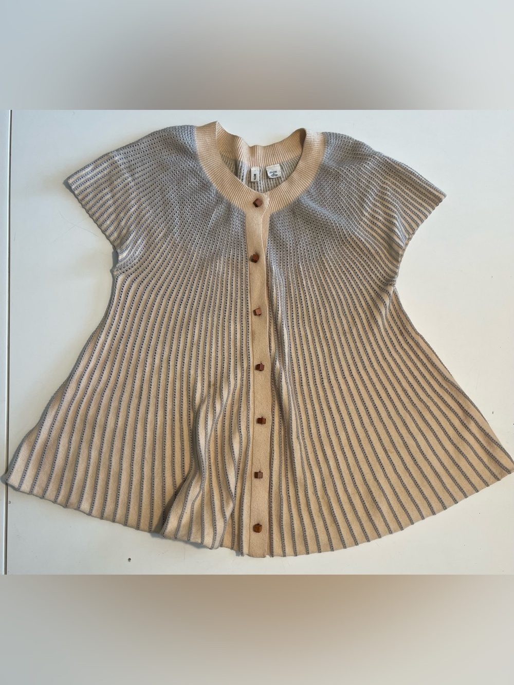 Moth Beige and Grey Striped Button-Front Short Sleeve Cardigan | Full Button